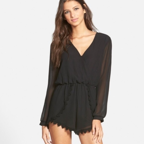 Astr Pants - ASTR Lace Trim Black Romper Sheer Long Sleeve XS